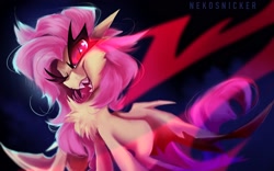 Size: 2048x1280 | Tagged: safe, artist:nekosnicker, character:flutterbat, character:fluttershy, species:bat pony, species:pony, badass, bat ponified, chest fluff, fangs, female, flutterbadass, forked tongue, glowing eyes, one eye closed, open mouth, painting, race swap, red eyes, sharp teeth, solo, teeth, tongue out, wink