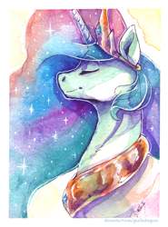 Size: 2390x3234 | Tagged: safe, artist:gaelledragons, character:princess celestia, species:alicorn, species:pony, bust, eyes closed, female, mare, peytral, portrait, solo, traditional art, watercolor painting