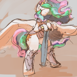 Size: 3000x3000 | Tagged: safe, artist:ruby, character:princess celestia, species:alicorn, species:pony, armor, bipedal, eyes closed, fantasy class, female, greatsword, greaves, high res, hoof hold, knight, mare, paladin, solo, warrior