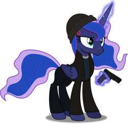 Size: 4042x3915 | Tagged: safe, artist:anime-equestria, character:princess luna, species:alicorn, species:pony, android, clothing, connor, detroit: become human, gun, handgun, hat, horn, jacket, levitation, magic, pistol, robot, shirt, simple background, telekinesis, transparent background, vector, weapon, wings