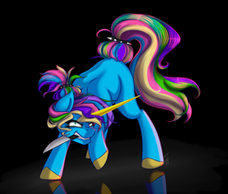 Size: 2000x1700 | Tagged: safe, artist:shamy-crist, oc, species:pony, species:unicorn, female, knife, mare, mouth hold, solo