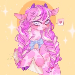 Size: 1024x1024 | Tagged: safe, artist:akiiichaos, oc, oc:millie, species:cow, species:pony, abstract background, blep, blushing, bow, braid, cloven hooves, cow pony, deviantart watermark, female, heart, obtrusive watermark, pictogram, solo, tongue out, watermark