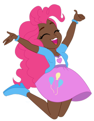 Size: 790x1011 | Tagged: safe, artist:incendiaryboobs, character:pinkie pie, species:human, my little pony:equestria girls, belt, boots, bracelet, chubby, clothing, dark skin, eyes closed, female, happy, humanized, jacket, jewelry, open mouth, shirt, shoes, simple background, skirt, solo, t-shirt, transparent background, wristband