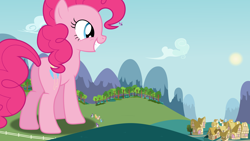 Size: 3840x2160 | Tagged: safe, artist:chrzanek97, artist:dashiesparkle edit, artist:itv-canterlot, edit, editor:jaredking203, character:applejack, character:fluttershy, character:pinkie pie, character:rainbow dash, character:rarity, character:starlight glimmer, character:twilight sparkle, character:twilight sparkle (alicorn), species:alicorn, species:earth pony, species:pegasus, species:pony, species:unicorn, balloonbutt, butt, female, giant pinkie pie, giant pony, giant/macro earth pony, giantess, houses, macro, mare, plot, ponyville, size difference, tree, vector, vector edit