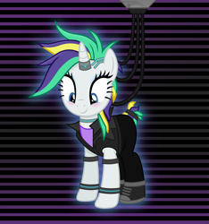 Size: 3556x3804 | Tagged: safe, artist:anime-equestria, character:rarity, species:pony, species:unicorn, alternate hairstyle, blushing, bracelet, clothing, cute, cyberpunk, female, glow, happy, hoofband, horn, horn ring, jewelry, mare, necklace, punk, punkity, shirt, shoes, smiling, wires