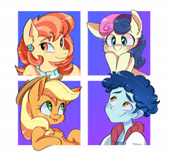 Size: 2048x1858 | Tagged: safe, artist:drawbauchery, character:applejack, character:aunt holiday, character:bon bon, character:curly winds, character:sweetie drops, species:earth pony, species:pony, my little pony:equestria girls, adorabon, clothing, cowboy hat, curly winds, cute, ear piercing, earring, female, hat, jewelry, male, mare, one of these things is not like the others, piercing, some blue guy