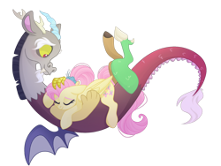 Size: 1024x768 | Tagged: safe, artist:cinnamontee, character:discord, character:fluttershy, species:draconequus, species:pegasus, species:pony, ship:discoshy, episode:the last problem, g4, my little pony: friendship is magic, cute, eyes closed, female, male, mare, older, older fluttershy, prone, shipping, simple background, sleeping, straight, transparent background