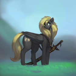 Size: 3000x3000 | Tagged: safe, artist:nsilverdraws, oc, oc only, oc:veen sundown, species:pegasus, species:pony, female, fluffy, grass, high res, horse, mare, scabbard, solo, standing, sundown clan, sword, weapon