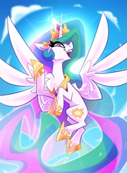 Size: 2459x3336 | Tagged: safe, artist:nekosnicker, character:princess celestia, species:alicorn, species:pony, backlighting, chest fluff, cloud, crown, female, flying, high res, jewelry, looking at you, mare, open mouth, profile, regalia, sky, solo, spread wings, wings