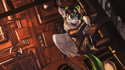 Size: 2000x1125 | Tagged: safe, artist:nsilverdraws, oc, oc only, oc:gryph xander, species:pegasus, species:pony, blowtorch, clothing, commission, goggles, gradient hair, jacket, male, pants, solo, stallion, steampunk