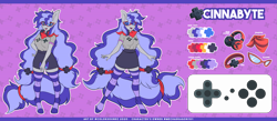 Size: 17597x7653 | Tagged: safe, artist:ask-colorsound, oc, oc:cinnabyte, species:anthro, adorkable, bandana, clothing, commission, controller, cute, dork, gamecube controller, gaming headset, glasses, headphones, headset, reference sheet, smiling, socks, striped socks, thigh highs, zettai ryouiki