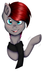 Size: 1492x2492 | Tagged: safe, artist:chazmazda, oc, oc only, oc:steelrhythm, species:pony, blushing, bust, clothing, commission, emote, eye shimmer, hair, highlight, highlights, hooves, portrait, scarf, shading, shine, simple background, solo, tongue out, transparent background, wave