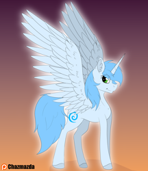 Size: 3000x3472 | Tagged: safe, artist:chazmazda, oc, oc only, oc:icefumy, species:alicorn, species:pony, alicorn oc, blue hair, eye shimmer, eye shine, feather, flat color, fullbody, glow, gradient background, hair, hooves, horn, shine, solo, spread wings, wings