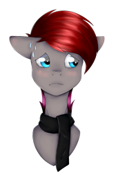 Size: 1578x2310 | Tagged: safe, artist:chazmazda, oc, oc only, oc:steelrhythm, species:pony, blushing, bust, clothing, colored, eye shimmer, eye shine, flat colors, highlight, highlights, nervous, portrait, scared, scarf, shading, short hair, simple background, solo, sweat, sweatdrop, transparent background