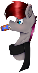 Size: 1356x2588 | Tagged: safe, artist:chazmazda, oc, oc only, oc:steelrhythm, species:pony, blushing, bust, can, clothing, colored, drink, drinking, eye shimmer, eye shine, flat colors, highlight, highlights, irn bru, portrait, scarf, shading, short hair, simple background, sipping, solo, transparent background