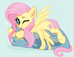 Size: 3330x2556 | Tagged: safe, artist:taneysha, character:fluttershy, species:pegasus, species:pony, my little pony:pony life, spoiler:pony life s01e07, body pillow, cute, dolphin, female, finn tastic, g4.5 to g4, high res, looking at you, lying down, mare, one eye closed, pillow, shyabetes, solo, the trail less trotten