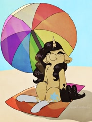 Size: 1536x2048 | Tagged: safe, artist:incendiaryboobs, oc, species:pony, species:unicorn, beach umbrella, female, mare, solo, umbrella