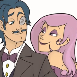 Size: 800x800 | Tagged: safe, artist:rainygami, artist:thelivingmachine02, character:fancypants, character:fleur-de-lis, species:human, ship:fancyfleur, g4, bow tie, clothing, colored, female, humanized, looking at each other, male, monocle, shipping, simple background, smiling, straight, white background