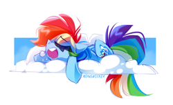 Size: 3400x2073 | Tagged: safe, artist:nekosnicker, character:rainbow dash, species:pegasus, species:pony, backwards cutie mark, bubble, cloud, eyes closed, female, high res, mare, on a cloud, open mouth, prone, sleeping, snoring, solo