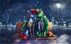 Size: 3840x2400 | Tagged: safe, artist:gaelledragons, oc, oc only, oc:lightning weather, oc:red diamond, species:pegasus, species:pony, species:unicorn, bench, bridge, city, clothing, commission, duo, eyes closed, gay, high res, kissing, lamppost, male, scenery, scenery porn, sitting, snow, snowfall, unshorn fetlocks, winter