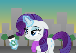 Size: 4722x3286 | Tagged: safe, artist:anime-equestria, character:rarity, species:pony, species:unicorn, city, cityscape, clothing, coffee, coffee cup, cup, eyeshadow, female, glowing horn, levitation, logo, magic, makeup, mare, morning ponies, narrowed eyes, raised eyebrow, scarf, skyline, solo, sunrise, telekinesis, tired, tree