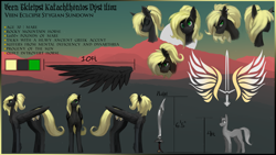 Size: 4800x2700 | Tagged: safe, artist:nsilverdraws, artist:veen, oc, oc only, oc:veen sundown, species:pegasus, species:pony, abstract, abstract background, adorable face, adorkable, angry, backstory, backstory in description, blonde, chest fluff, crying, cute, cutie mark, derp, dork, expressions, female, fluffy, handwriting, happy, high res, horse, jewelry, leg fluff, magic, mare, mountain, mountain range, name, pegasus oc, piercing, ponytail, pouting, reference sheet, sad, scimitar, simple background, size comparison, size difference, smug, solo, sundown clan, sunset, sword, text, weapon, wings