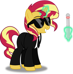 Size: 4130x4161 | Tagged: safe, artist:anime-equestria, character:sunset shimmer, species:pony, species:unicorn, clothing, female, levitation, magic, mare, men in black, necktie, neuralyzer, simple background, smiling, solo, suit, sunglasses, telekinesis, transparent background, vector