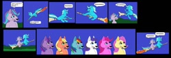Size: 1280x434 | Tagged: safe, artist:mojo1985, character:applejack, character:fluttershy, character:pinkie pie, character:rainbow dash, character:rarity, character:starlight glimmer, character:trixie, character:twilight sparkle, species:wolf, broom, flying, flying broomstick, mane six, ryansmither1 is a request whore, species swap, wolfified
