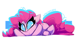 Size: 3400x1881 | Tagged: safe, artist:nekosnicker, character:pinkie pie, species:earth pony, species:pony, :>, cute, diapinkes, female, mare, prone, simple background, solo, white background