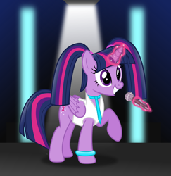 Size: 3987x4104 | Tagged: safe, artist:anime-equestria, character:twilight sparkle, character:twilight sparkle (alicorn), species:alicorn, species:pony, g4, alternate hairstyle, bracelet, clothing, cute, cutie mark, female, happy, hatsune miku, horn, jacket, jewelry, levitation, lights, magic, magic aura, mare, microphone, necktie, pigtails, smiling, solo, stage, telekinesis, twiabetes, twintails, wings