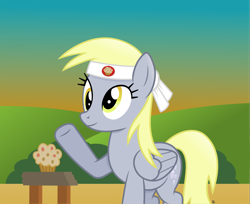 Size: 3575x2919 | Tagged: safe, artist:anime-equestria, character:derpy hooves, species:pegasus, species:pony, g4, brick, bush, cutie mark, female, food, headband, hill, karate, kung fu, mare, muffin, smiling, solo, sunrise, wings, wood