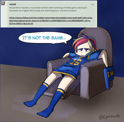 Size: 1275x1258 | Tagged: safe, artist:kprovido, character:rainbow dash, species:human, g4, american football, chair, clothing, female, foam finger, humanized, jersey, los angeles rams, nfl, socks, solo, sports