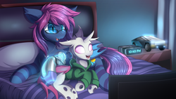 Size: 7680x4320 | Tagged: safe, artist:ask-colorsound, oc, oc:bitmaker, oc:opal mask, species:bat pony, species:changeling, g4, alarm clock, albino, albino changeling, bed, bedroom, clock, clothing, glasses, high res, hoodie, television, tesla cybertruck, watching tv
