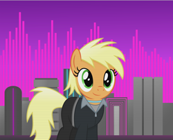 Size: 4304x3500 | Tagged: safe, artist:anime-equestria, character:applejack, species:pony, g4, alternate hairstyle, city, cityscape, clothing, female, jacket, jewelry, mare, necklace, retro, scan lines, skyline, smiling, solo, synthwave, zipper