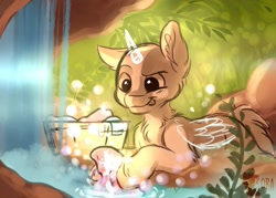 Size: 700x500 | Tagged: safe, artist:zobaloba, species:pony, g4, any gender, auction, bubble, clothing, commission, grass, nature, rock, sketch, solo, washing, waterfall, your character here
