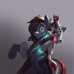 Size: 3000x3000 | Tagged: safe, artist:nsilverdraws, oc, oc:bizarre song, oc:razlad, species:pony, g4, cape, cheeky, clothing, cutie mark, dancing, helix horn, hoof hold, magic, pose, shocked, soul, soul stealing, succ, suck