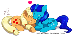 Size: 1136x563 | Tagged: safe, artist:hazurasinner, character:applejack, oc, species:earth pony, species:pony, canon x oc, eyes closed, female, heart, mare, nuzzling, signature, simple background, transparent background