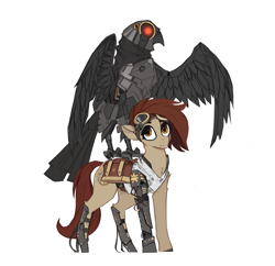 Size: 2744x2660 | Tagged: safe, artist:nsilverdraws, oc, oc only, oc:radium gears, species:bird, species:earth pony, species:pony, g4, amputee, artificial intelligence, bag, bio in description, clothing, duo, duo focus, earth pony oc, exoskeleton, glowing eye, goggles, perching, prosthetic leg, prosthetic limb, prosthetics, robot, saddle bag, simple background, steampunk, tank top