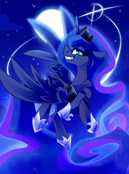 Size: 2512x3400 | Tagged: safe, artist:nekosnicker, character:princess luna, species:alicorn, species:pony, g4, chest fluff, cute, female, flying, full moon, grin, high res, lunabetes, mare, moon, night, profile, sky, smiling, solo
