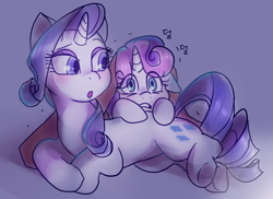 Size: 1400x1020 | Tagged: safe, artist:haden-2375, character:rarity, character:sweetie belle, species:pony, species:unicorn, g4, belle sisters, blanket, cute, dawwww, diasweetes, duo, duo female, female, filly, floppy ears, horror movie, korean, mare, open mouth, scared, shaking, siblings, sisters