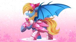 Size: 1920x1080 | Tagged: safe, alternate version, artist:ask-colorsound, oc, oc only, oc:aliax smily, species:bat pony, species:pony, g4, bat pony oc, bat wings, clothing, commission, crossdressing, cute, dress, male, pretty cure, solo, wallpaper, wings, ych result