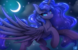 Size: 3126x2000 | Tagged: safe, artist:ask-colorsound, character:nightmare moon, character:princess luna, species:alicorn, species:pony, g4, cloud, crescent moon, ethereal mane, female, flying, galaxy mane, high res, looking at you, mare, missing accessory, moon, night, night sky, nightmare luna, signature, sky, slit eyes, solo, spread wings, starry night, starry tail, wavy mane, wings