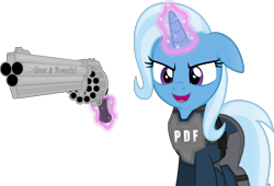 Size: 3806x2583 | Tagged: safe, artist:anime-equestria, character:trixie, species:pony, species:unicorn, g4, armor, clothing, female, gun, handgun, horn, ion fury, levitation, magic, mare, open mouth, pistola con caricato, police, revolver, simple background, solo, telekinesis, transparent background, vector, vest, weapon