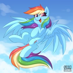 Size: 3000x3000 | Tagged: safe, artist:ask-colorsound, character:rainbow dash, species:pegasus, species:pony, g4, cloud, cute, dashabetes, female, flying, high res, leg fluff, looking at you, sky, smiling, smiling at you, solo, spread wings, wings