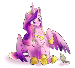 Size: 1680x1520 | Tagged: safe, artist:haden-2375, character:princess cadance, species:alicorn, species:bird, species:pony, g4, cute, cutedance, female, grin, head tilt, hoof shoes, looking at each other, mare, raised hoof, simple background, sitting, smiling, solo, spread wings, white background, wings
