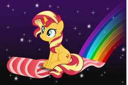 Size: 6634x4417 | Tagged: safe, artist:anime-equestria, character:sunset shimmer, species:pony, species:unicorn, g4, bacon, bacon hair, cute, female, flying, food, horn, mare, meat, rainbow, shimmerbetes, sitting, smiling, solo, space, stars