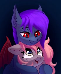 Size: 2500x3000 | Tagged: safe, artist:taneysha, oc, oc only, oc:mitra, species:bat pony, species:earth pony, species:pony, g4, bat pony oc, cute, earth pony oc, female, hug, looking at each other, mare