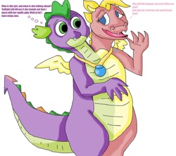 Size: 1280x1139 | Tagged: safe, artist:mojo1985, character:spike, species:dragon, g4, cassie (dragontales), conjoined, dialogue, dragon tales, dragoness, duo, female, fusion, male, multiple heads, simple background, spell gone wrong, two heads, two-headed dragon, wat, white background, winged spike