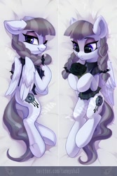 Size: 708x1063 | Tagged: safe, artist:taneysha, character:inky rose, species:pegasus, species:pony, episode:honest apple, g4, my little pony: friendship is magic, black rose, body pillow, body pillow design, commission, cute, ear fluff, female, flower, inkabetes, lying down, mare, on back, one eye closed, rose, smiling, solo, watermark, wink