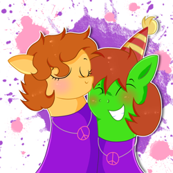 Size: 3000x3000 | Tagged: safe, artist:doraeartdreams-aspy, oc, oc:aspen, oc:ryan, species:earth pony, species:pony, g4, birthday, bodysuit, catsuit, clothing, couple, eyes closed, female, happy, hat, hippie, jewelry, kiss on the head, latex, latex suit, male, necklace, party hat, peace suit, peace symbol, rubber suit, smiling, straight